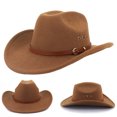 thumbnail image 3 of Eosunjian Ethnic Style Wide Brim Hemming Faux Leather Belt Decor Jazz Hat Western Cowboy Cowgirl Fedora Hat Fashion Accessories White, 3 of 13