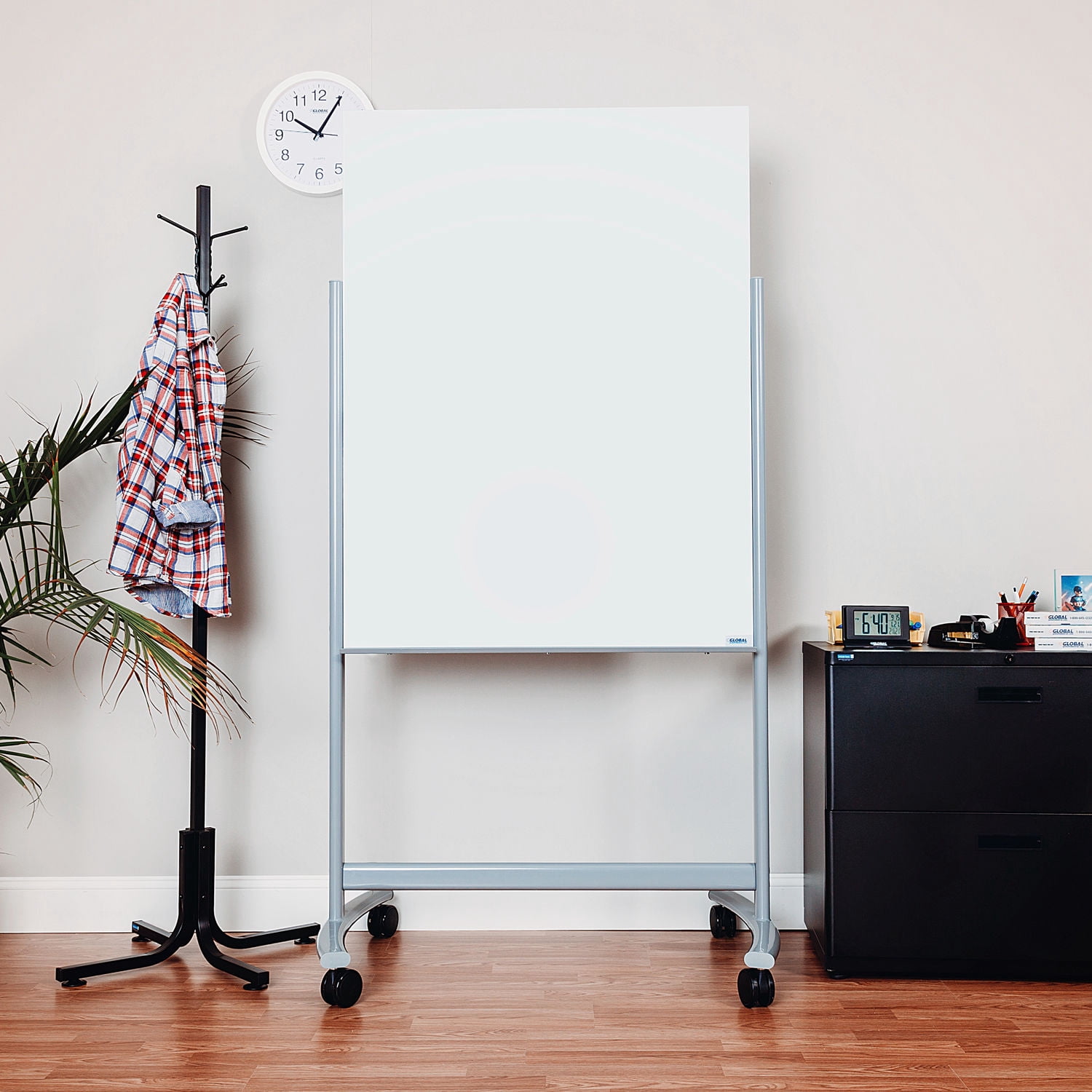 Mobile Double Sided Glass White Board, 36"W x 48"H