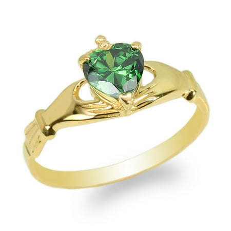 Emerald Claddagh Ring - Womens Yellow Gold Plated Claddagh Ring with Emerald Heart CZ Size 4-10