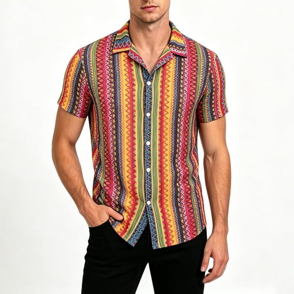 RUTAYY Men's Shirts Knitted Short Sleeve Turndown Collar Button Down Colorful Breathable Casual Summer Resort Comfortable Loose Fit Tops Classic Beach Blouse