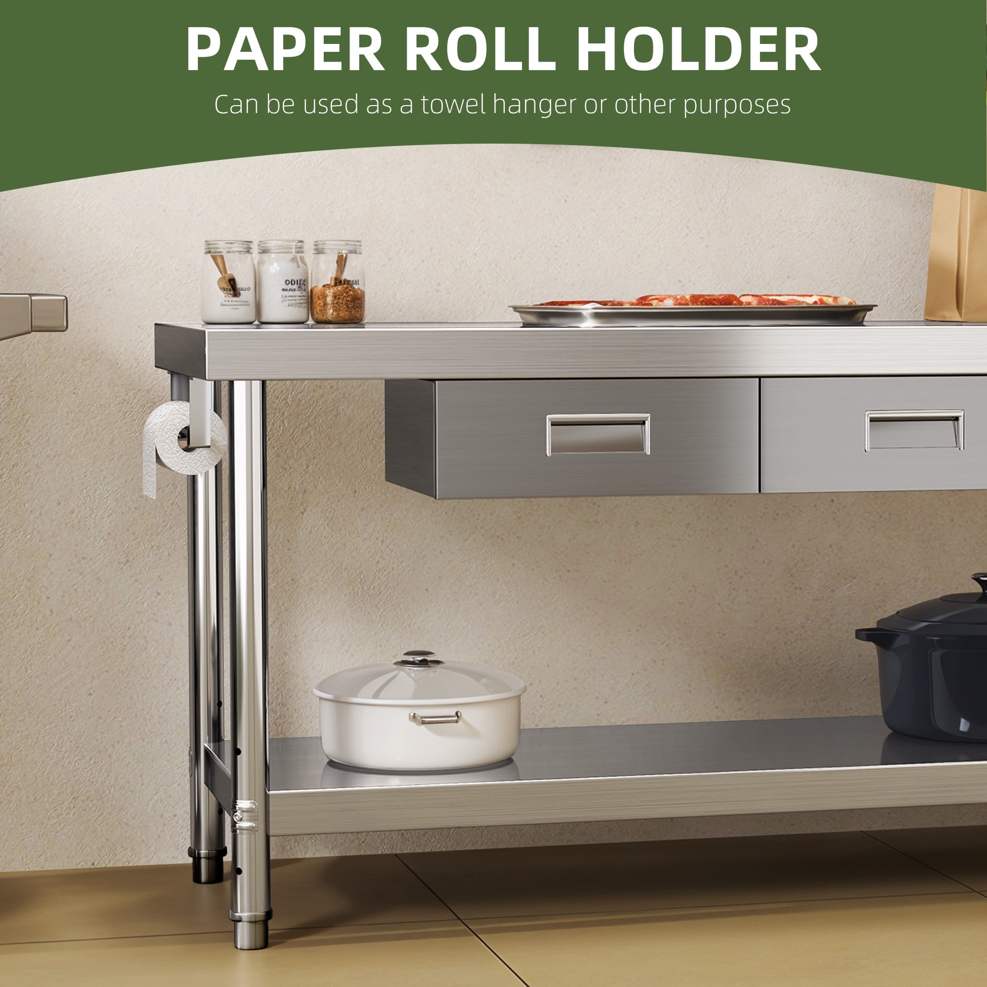 Uforic 60" x 24" Stainless Steel Prep Table with 2 Drawers, Paper Towel Holder, Adjustable Storage, Heavy-Duty Metal Workbench for Commercial, Home, Industrial