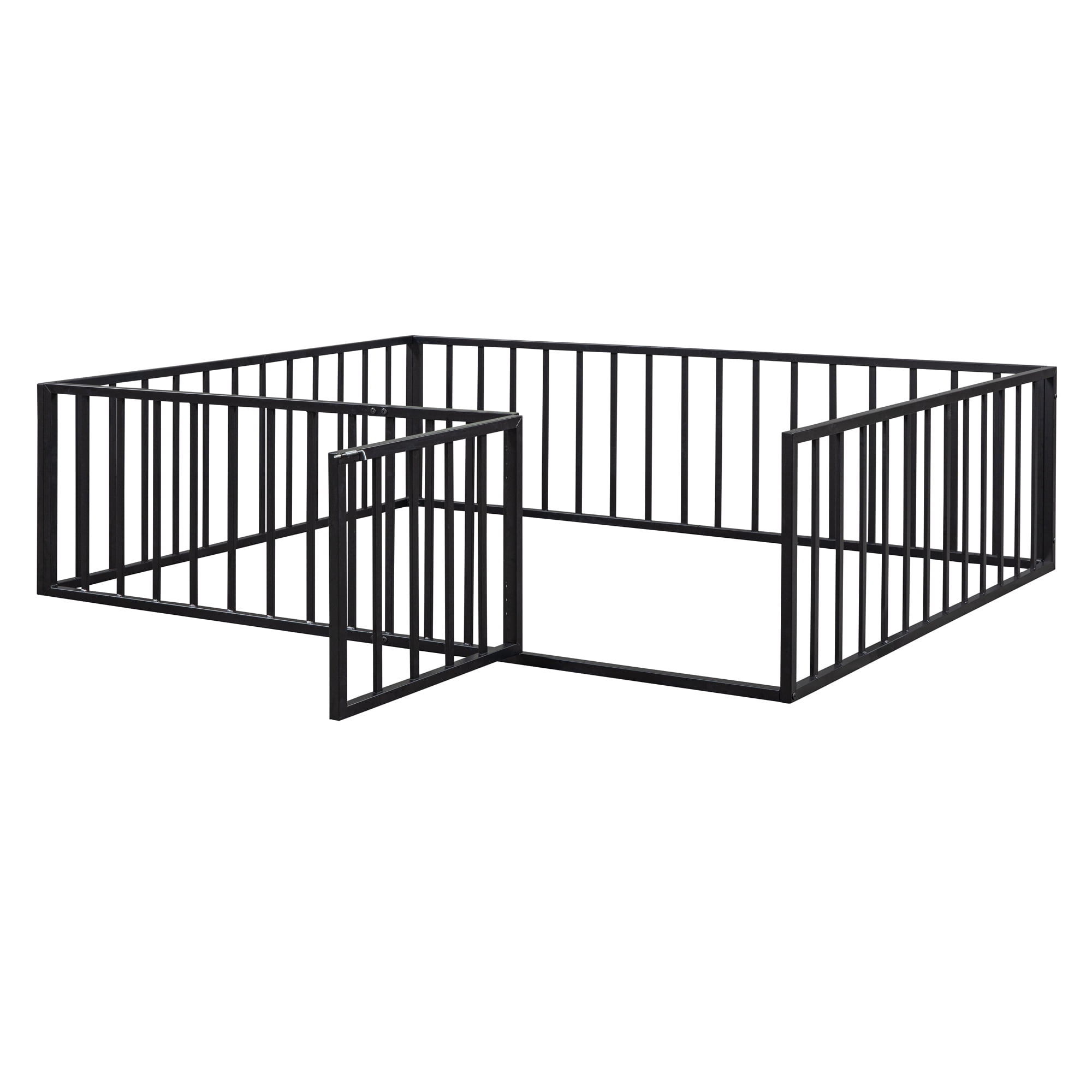 Gewnee Queen Size Toddler Bed, Metal Floor Bed Frame with Fence and Door,Black