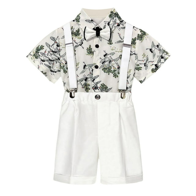 PMVFHDE Boys' British-Style Summer Suit Short Sleeve Shirt with Suspenders Shorts & Bow Tie - Kids Formal Performance Costume for Weddings & Role Play Light Gray-2,6-7 Years