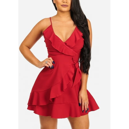 Womens Juniors Women's Junior Sexy Going Out Night Out Club Wear Sexy Salsa Night Spaghetti Strap Solid Red Ruffle Detail Dress 30099W