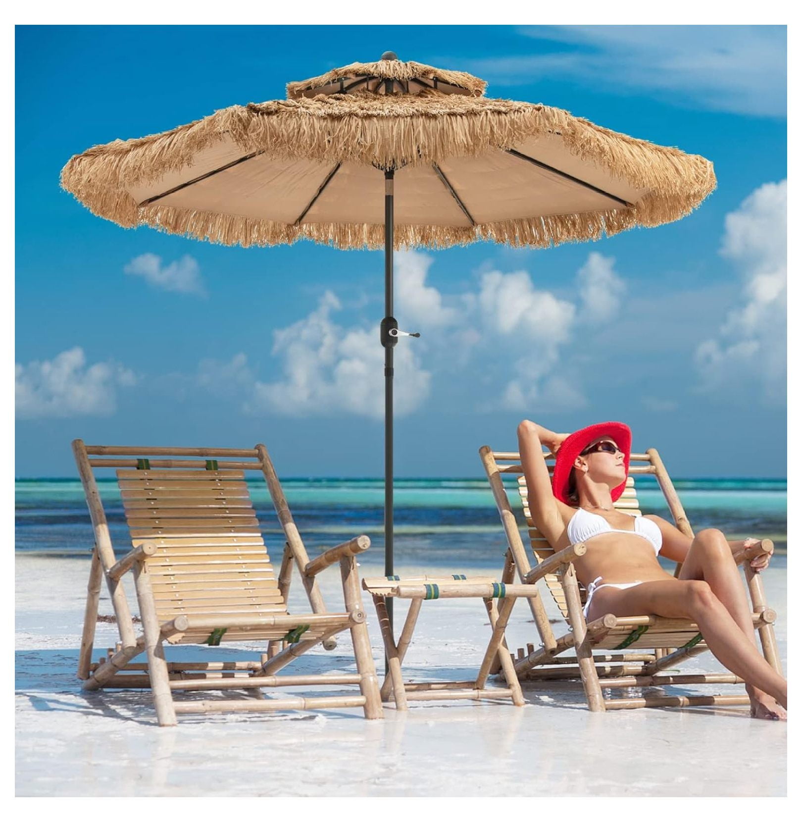 9FT Thatched Tiki Patio Umbrella - 2-Tier Hawaiian Hula Style Beach Umbrella w/8 Ribs, Tilt Adjustment & Crank Lift, Straw Grass Pool Umbrellas, Tropical Palapa Tiki Umbrella Outdoor Patio