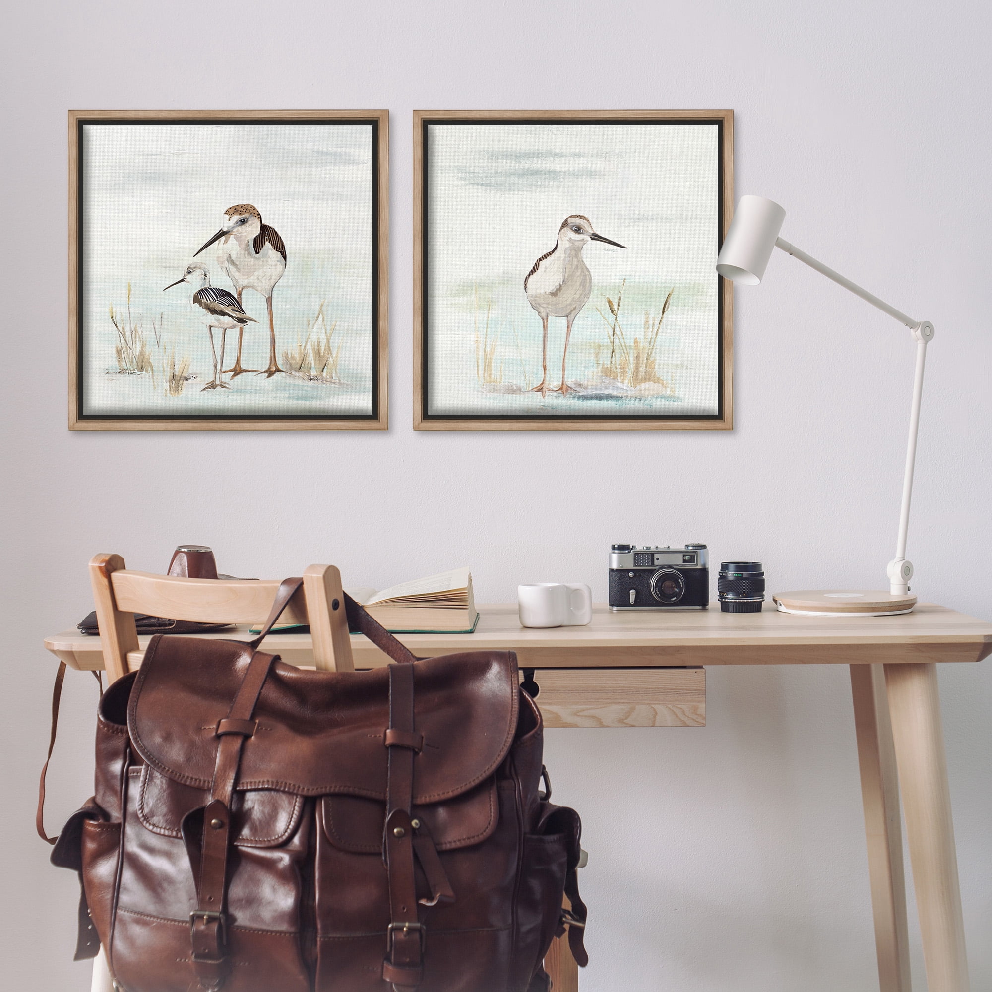 Stupell Industries Sandpipers Among Beach Grasses Animals & Insects Painting Brown Floater Framed Canvas Art Print Wall Art, 25 x 25, Set of 2