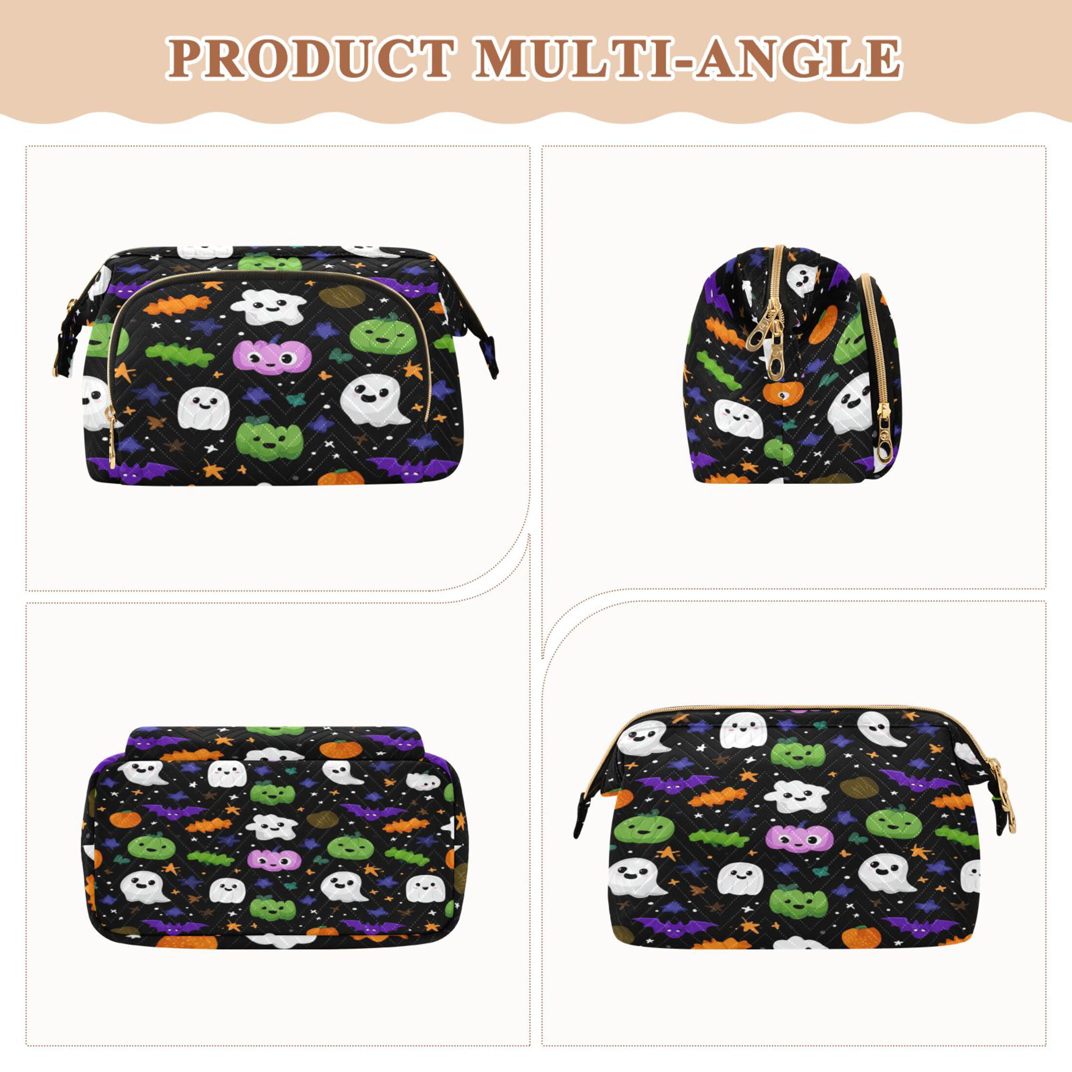 Wavy Quilted Cosmetic Bag Large-Capacity Travel Toiletry Organizer Includes 9-Piece Portable Travel Bottle Set Cartoon Ghosts Pumpkins