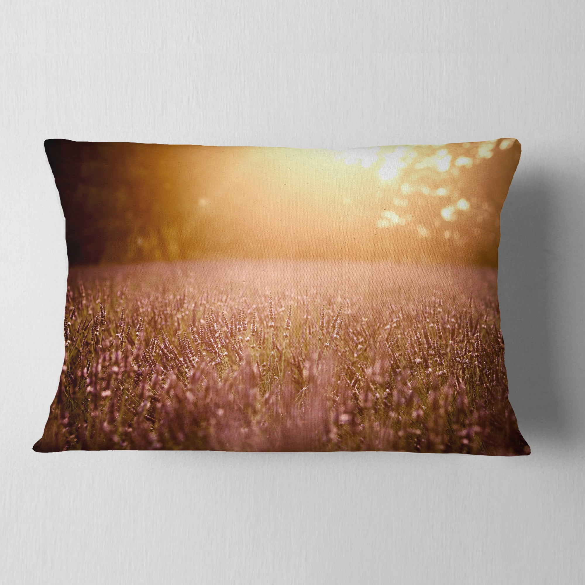 Designart Brown Tinged Lavender Field Sunset - Floral Throw Pillow - 12x20