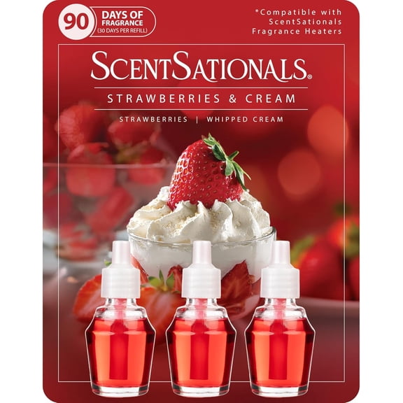Fragrance Oil Plug in Air Freshener Refills 3-Pack - Stawberries & Cream - Works Wall Plugs, Long-Lasting Home Fragrance, 0.8 fl oz Each, Packaging May Vary