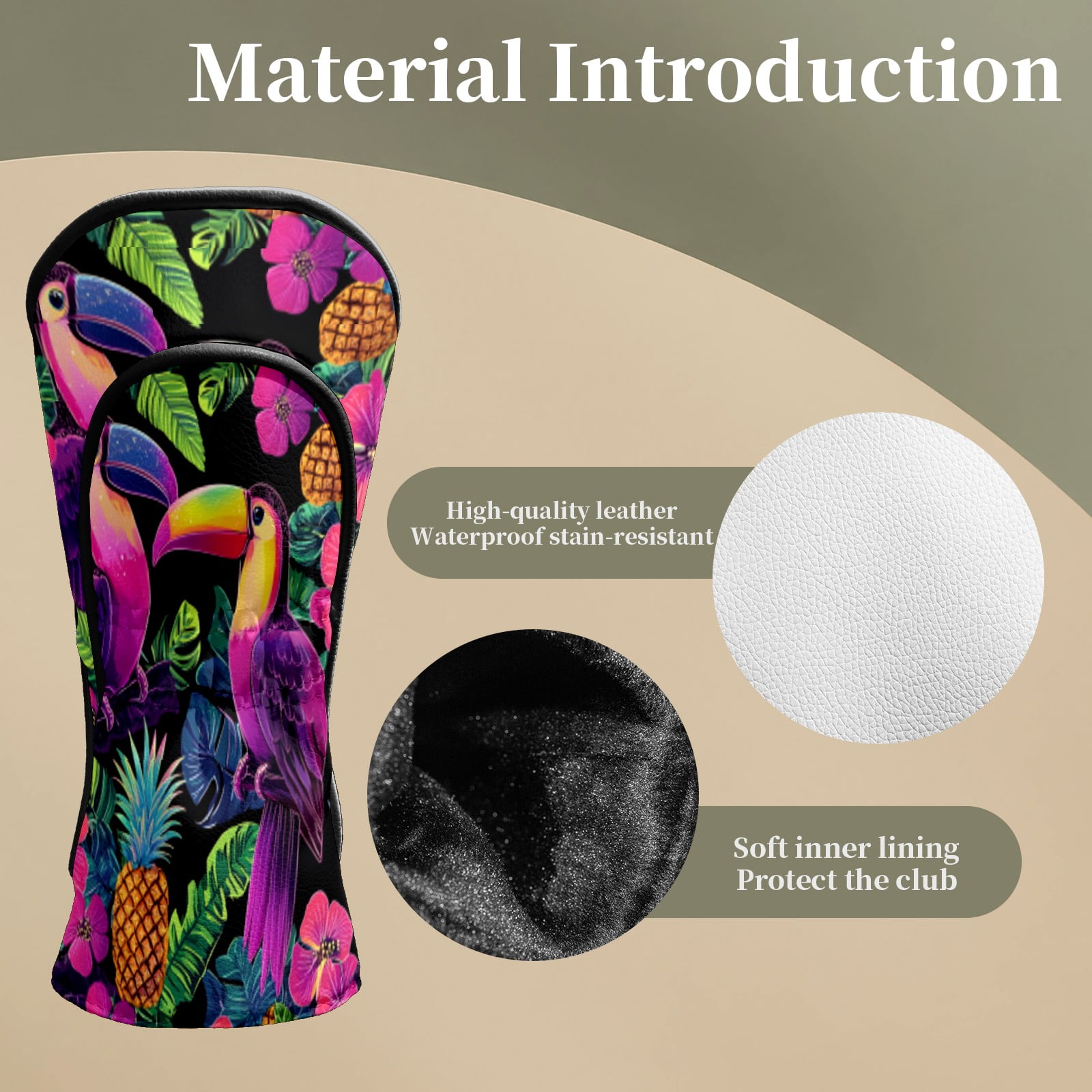 Golf Head Covers for Woods and Driver Waterproof Leather Golf Club Head Covers for Women Men Golf Driver Fairway Wood Headcover Toucan & Pineapple Jungle Design