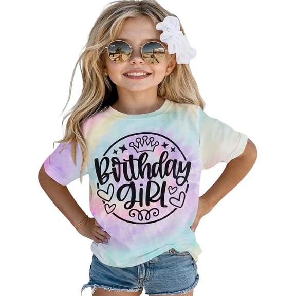 FINALGANG Girls Kids Birthday Girl Glitter Print Short Sleeve TShirt Crew Neck Casual Lightweight Party Tee For Kids Daily Wear Leisure Top