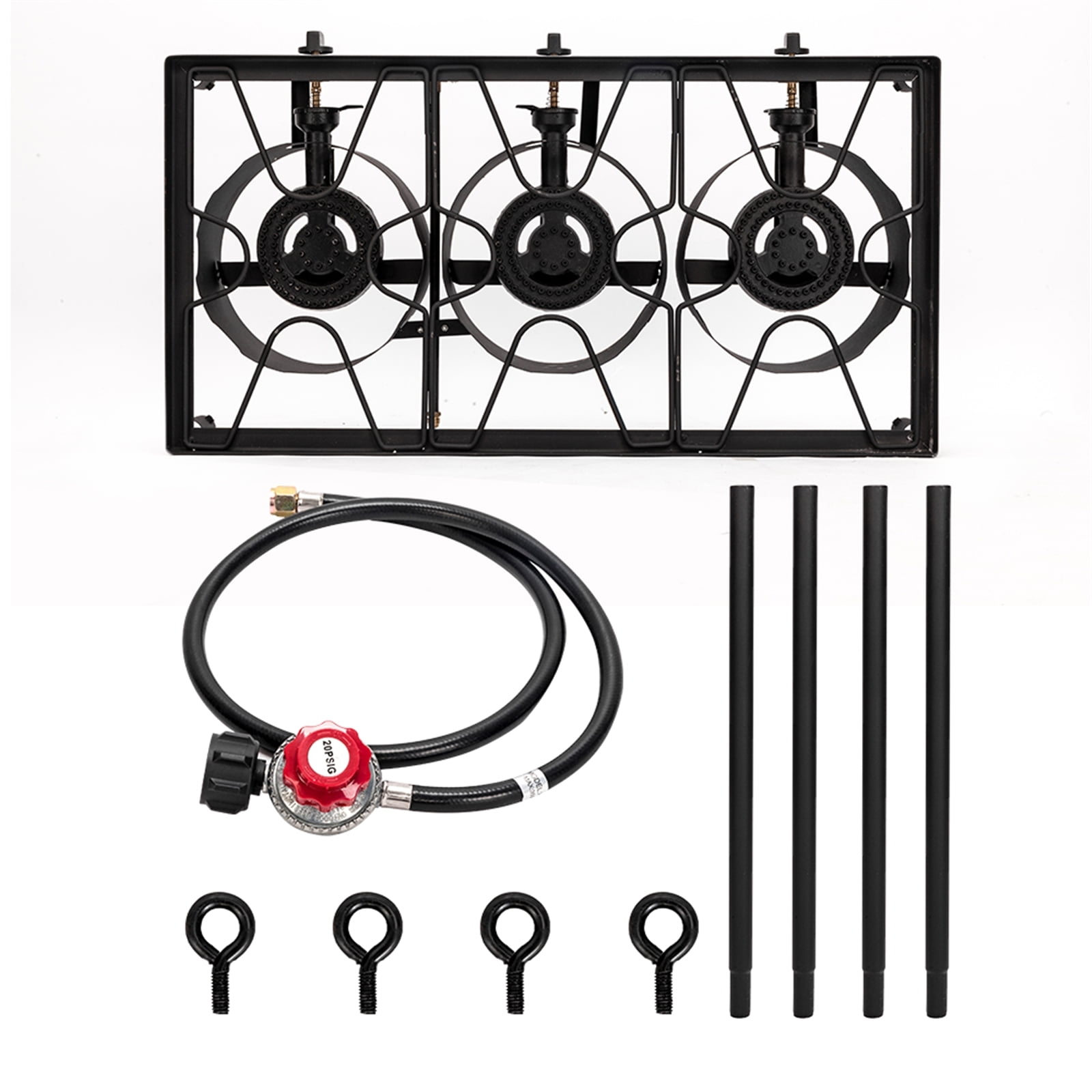 Gzxs Outdoor Camp Stove Propane Gas Cooker Portable Cast Iron Patio Cooking Burner (Three Burner 225000-BTU), Black