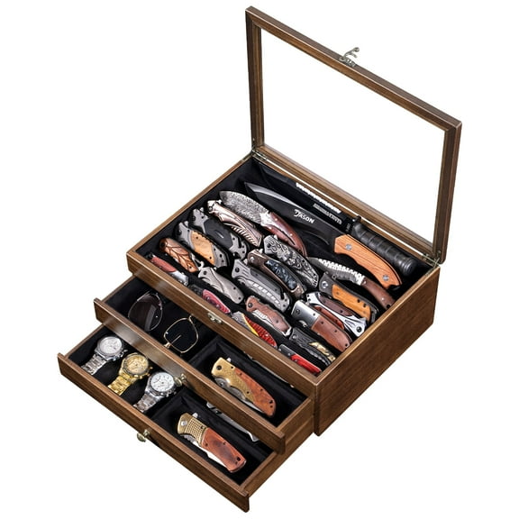 3-Layer Knife Display Case, Knife Collection Display Holder with Glass Lid & Drawers, Walnut