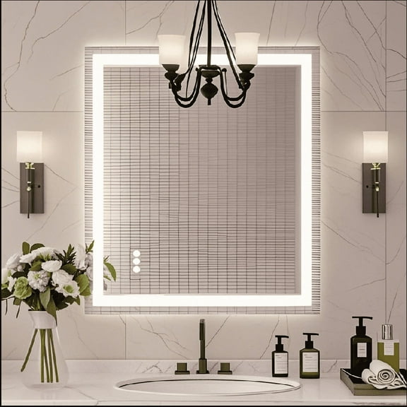 MISSDAY LED Bathroom Mirror, 28"x32" LED Vanity Mirrors with light, Anti-Fog Wall-Mounted Mirror, 1 Panel