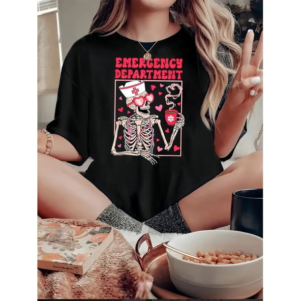 Women's Fun & Creative Doctor Skull Graphic Tee - Casual Crew Neck Short Sleeve, Stretchy Polyester Blend, Machine Washable - Perfect for Summer
