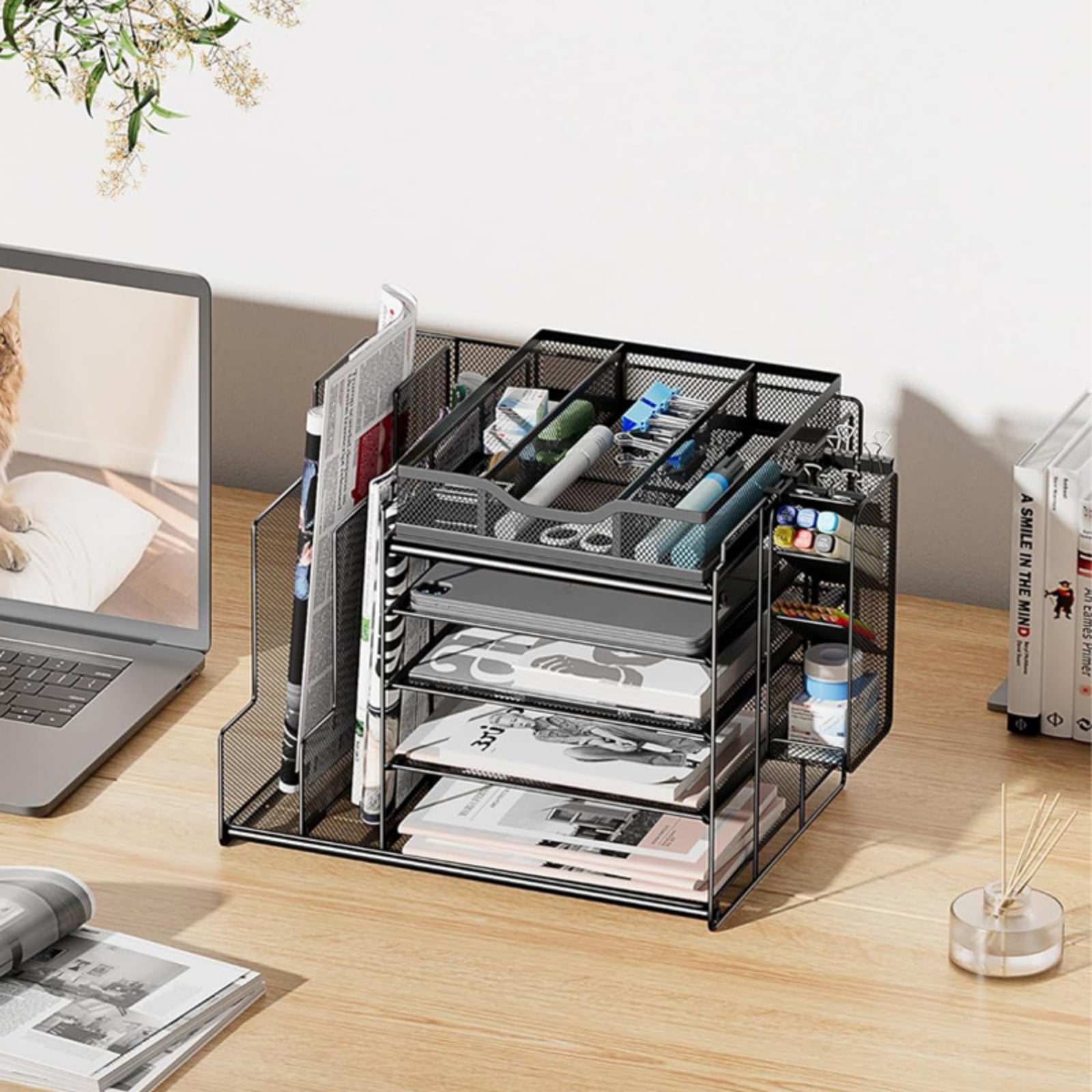Desk Organizer with Drawer, 4-Tier Mesh Desk File Organizer with 2 Vertical File Holders and Pen Holders, Multifunction Desktop Organizer（New upgrade）