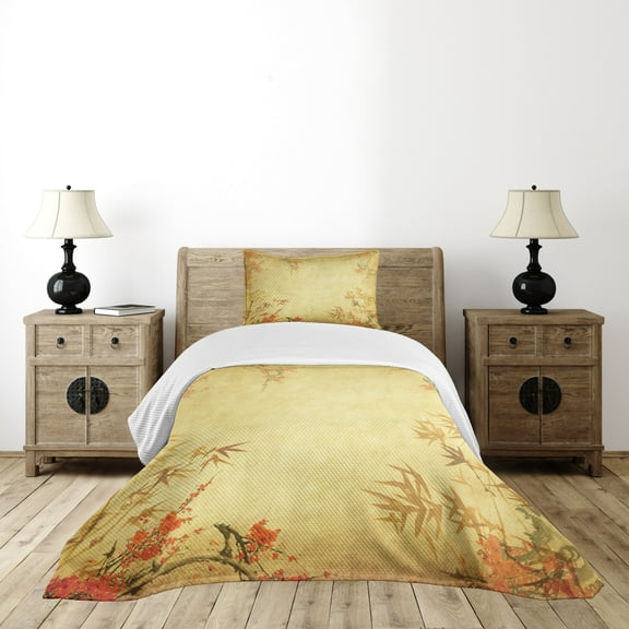 Ambesonne Asian Themed Quilted Bedspread Set 2 Pcs, Forest Branch Blooms, Twin Size, Vermilion and Mustard