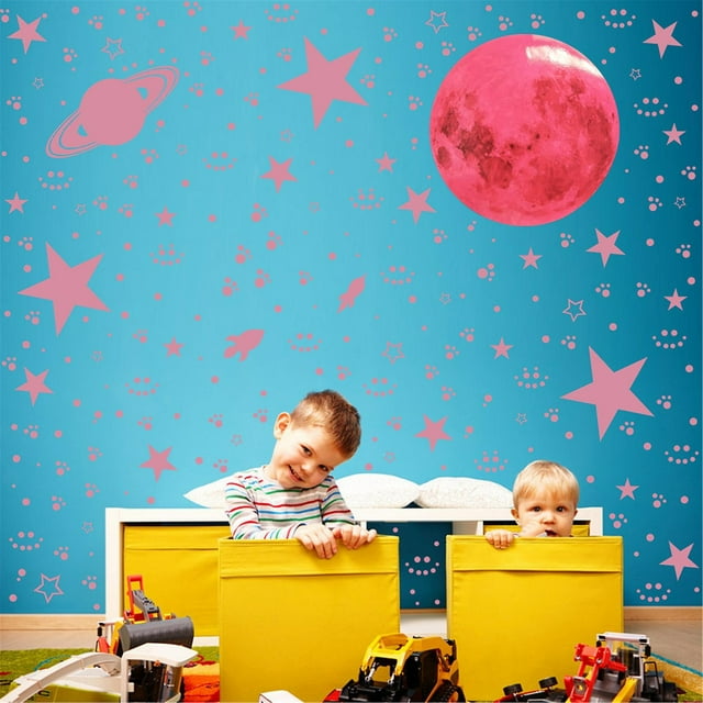 Adhesivo de pared luminoso con forma de estrella lunar y forma de nave espacial, 28 x 28 cm x 4 unid