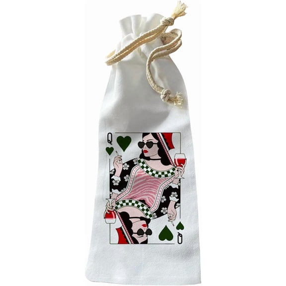 Jolitee Wine Bottle Gift Bag – Reusable Drawstring Canvas Bag with Wine-Drinking Queen Playing Card Art – Fun Gift for Ladies’ Nights or Hosts