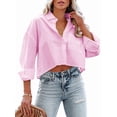 thumbnail image 3 of Womens Button Down Shirts Long Sleeve Casual Crop Tops Solid Lapel Blouse Shirt with Chest Pocket Pink M, 3 of 8