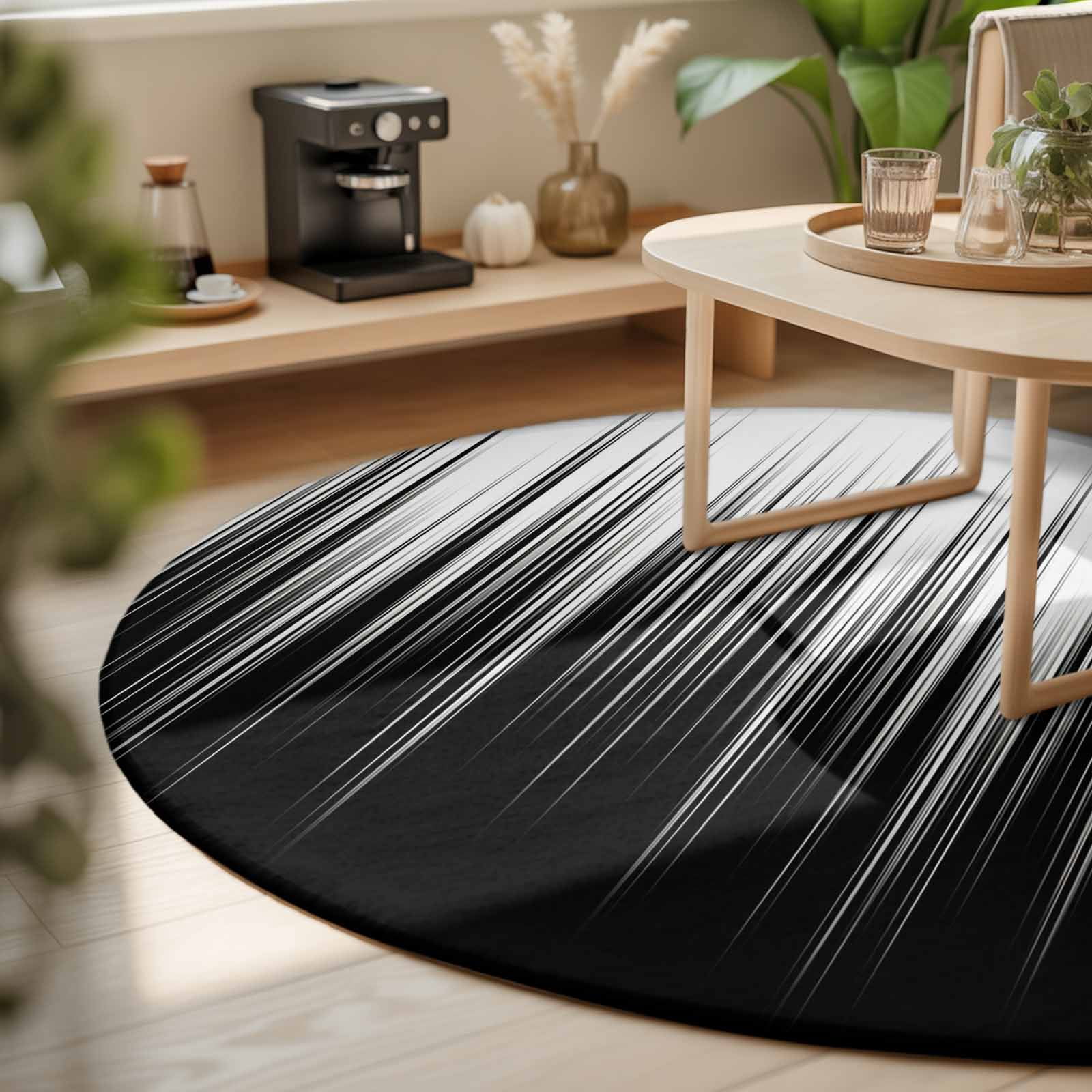 Large Round Rug 8Ft, Black White Non-Slip Washable Circle Rugs Carpet, Modern Geometric Abstract Gradient Striped Indoor Outdoor Rug Floor Mats Throw Runner for Bedroom Living Room Bathroom