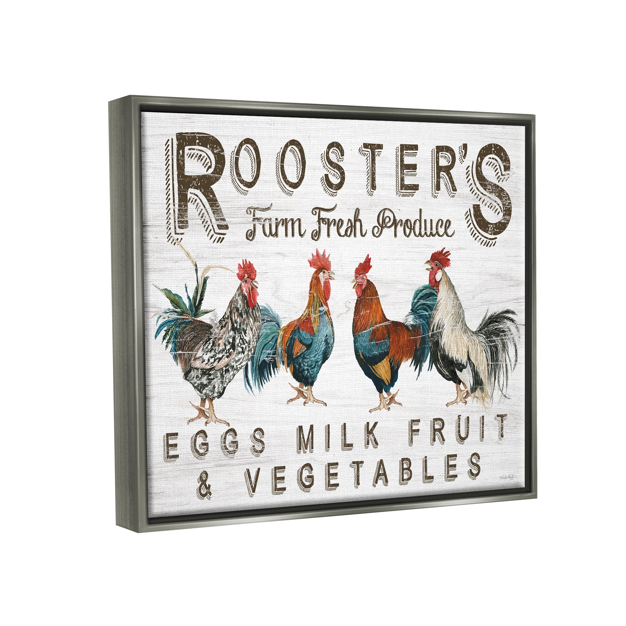 Stupell Rustic Roosters Farm Fresh Produce Animals & Insects Painting Gray Floater Framed Art Print Wall Art