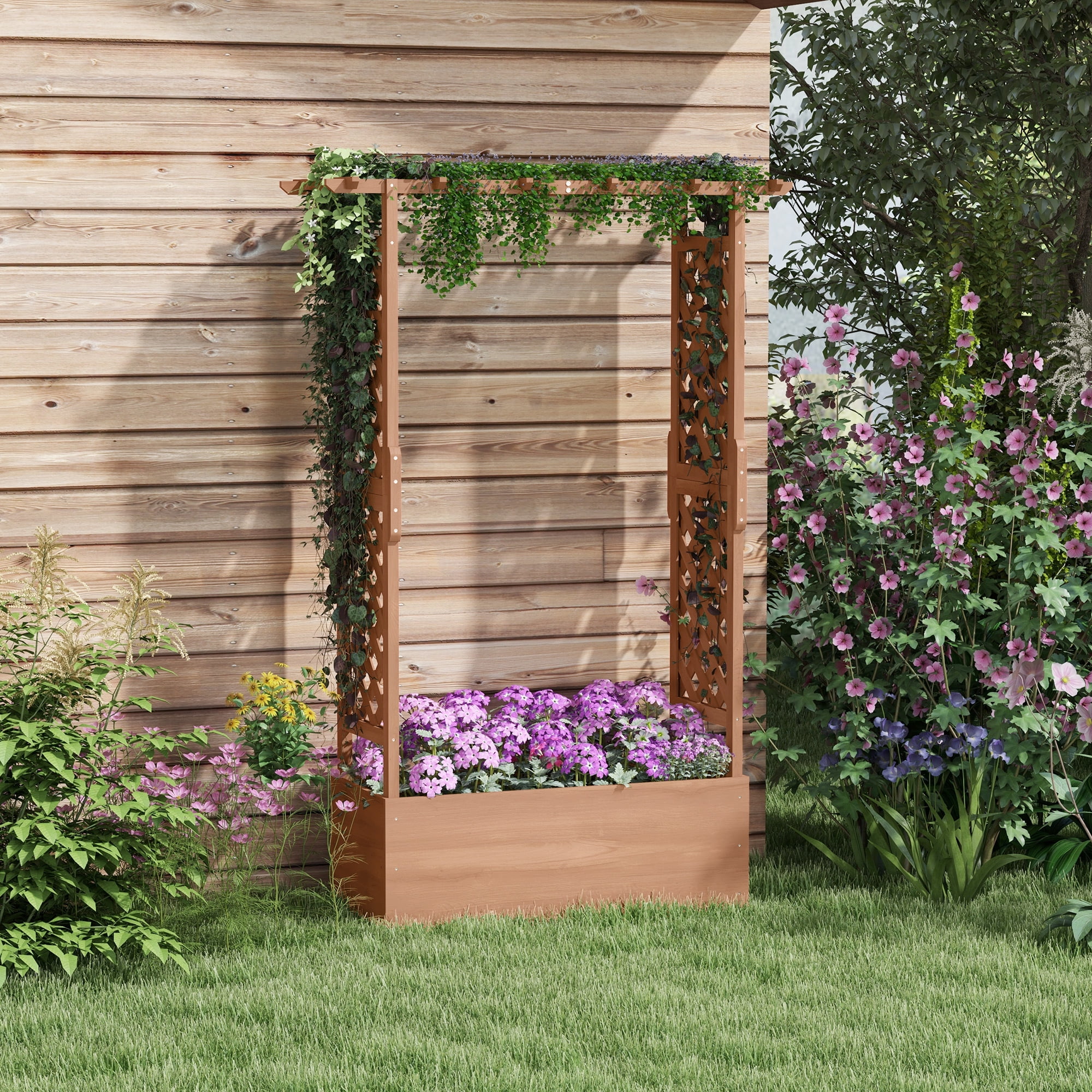 AsterOutdoor Raised Garden Bed with Arch Trellis, 70.75" Tall Wooden Planter Box, Drainage Hole & Fabric, for Climbing Plants & Flowers