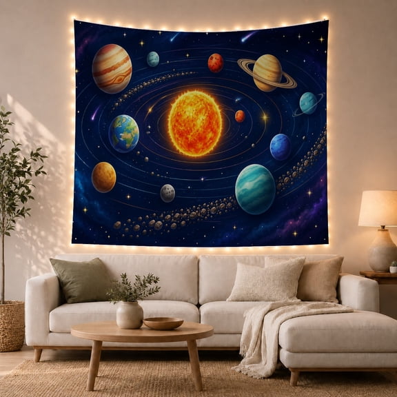 Glowing Solar System with Orbiting Planets and Nebula, Dreamy Celestial for Astronomy Fans, Imaginative Space Scene Art, Birthday Gift Tapestry Wall Hanging for Bedroom and Living Room