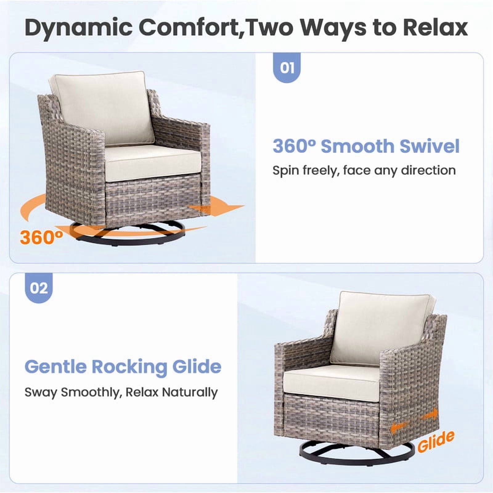 PARKWELL 4 Piece Outdoor Patio Furniture Set with Fire Pit Table,All-Weather Conversation Set with Luxury 4-Inch Thick Cushions,Swivel Glider Chair,5-Seat Furniture Sets for Deck, Backyard,Gray/Beige