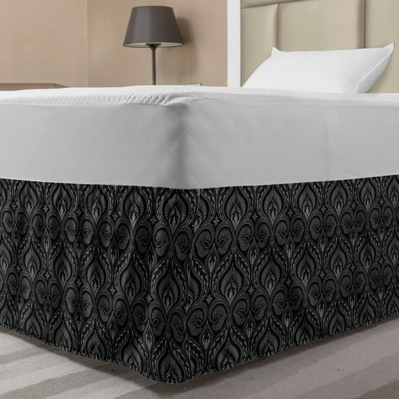 Renaissance Bed Skirt, Victorian Damask with Boho and Middle Eastern Traditional Leaf Influence, Elastic Bedskirt Dust Ruffle Wrap Around for Bedding Decor, 4 Sizes, Grey Black, by Ambesonne
