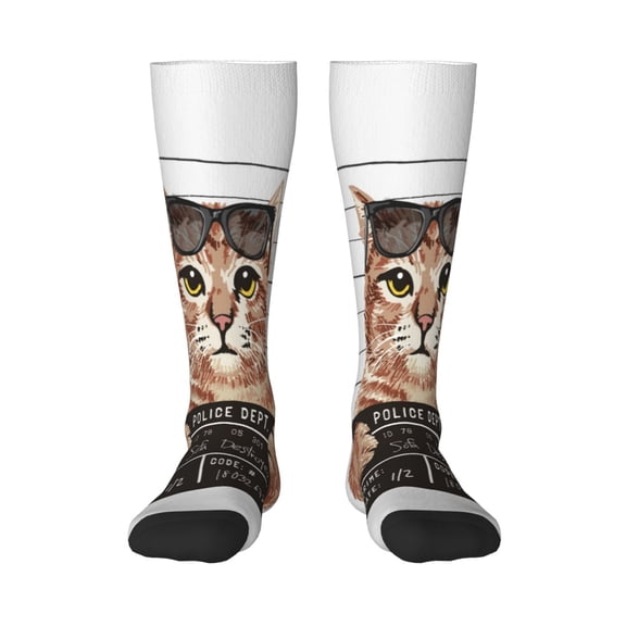 JUNZAN Fun Novelty Knee Warmer High Socks-Cat Holding Mugshot Sign