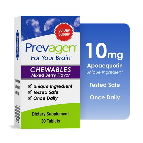 Prevagen Improves Memory - Regular Strength 10mg, 30 Chewable Tablets Mixed Berry Flavor with Apoaequorin & Vitamin D & Brain Supplement, Supports Healthy Brain Function