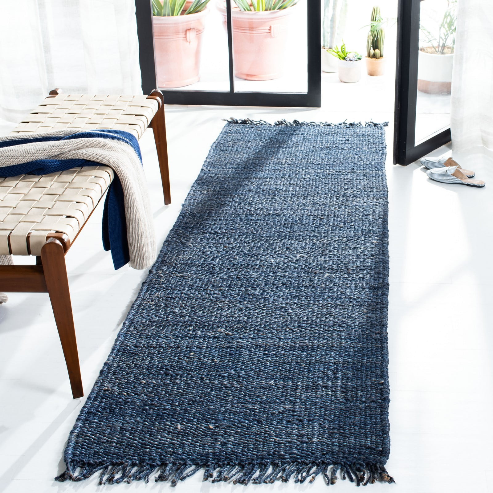 Handwoven Braided Navy Blue Jute with Natural Color Jute Boundary Area Rug Home Decor Jute Runner Carpet in Square Size 4 Feet X 4 Feet