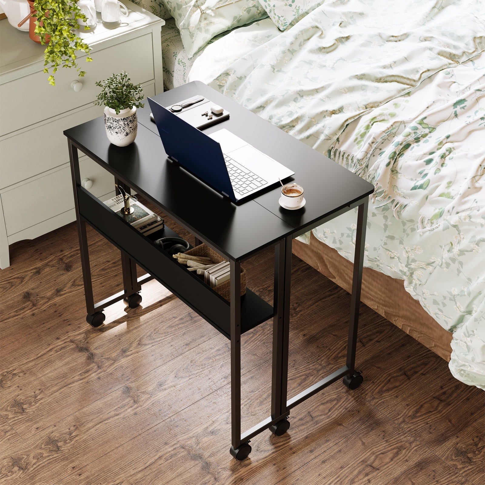 Folding Desk Small Rolling Desk with Storage Shelf,24.8 inch Foldable Computer Desk with Wheels, for Small Spaces, Home Office, Study, Easy Assembly