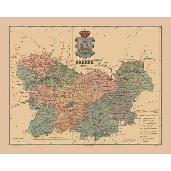 Historic Map - Ourense Spain - Martine 1904 - 28.72 x 23 - Vintage Wall Art
