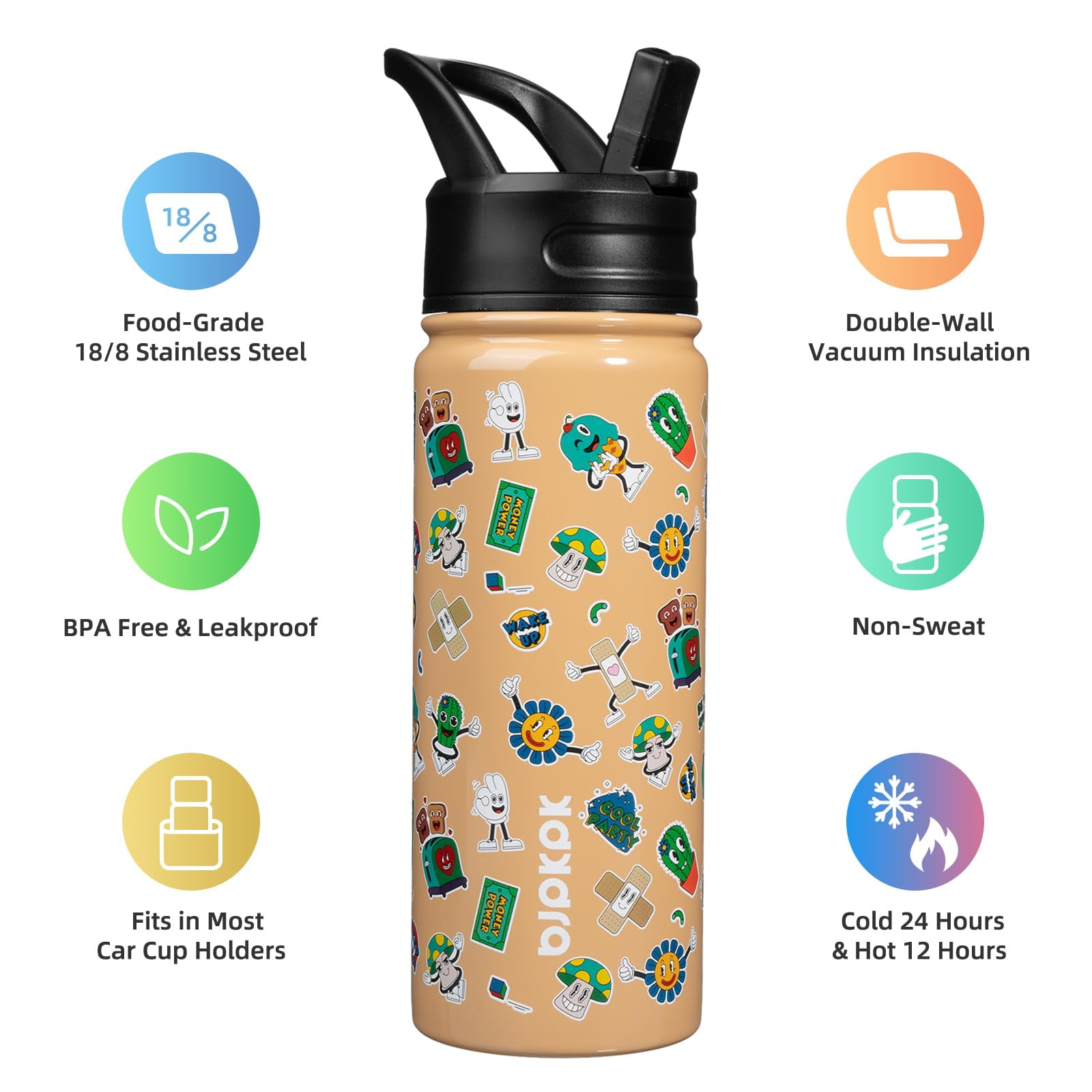 BJPKPK Insulated Water Bottle with Straw Lid, 18 oz Stainless Steel Metal Water Bottles, Reusable Leak Proof BPA Free Water Bottles, Cups, Thermos, Spring Party-Brown