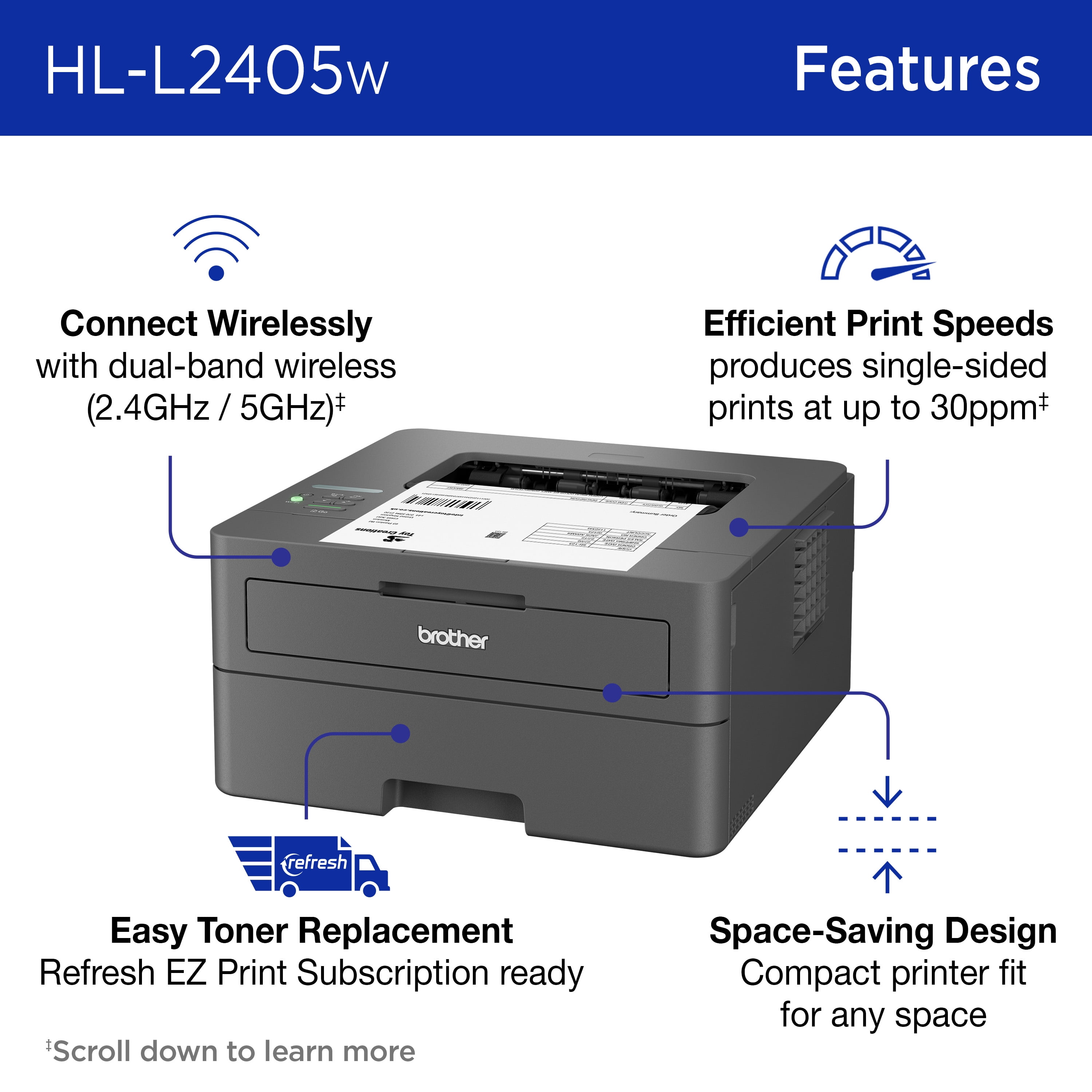 Brother Restored HL-L2405W Wireless Compact Monochrome Laser Printer, Mobile Printing