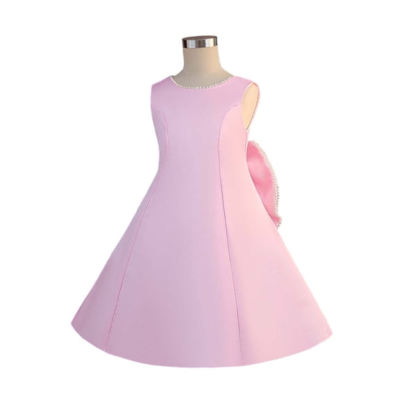 LEWKW Big Girls Sleeveless Satin A-Line Dress Pearl Neck Detail Oversized Back Bow Knot formal Party Gown for Wedding Flower Girl Pageant