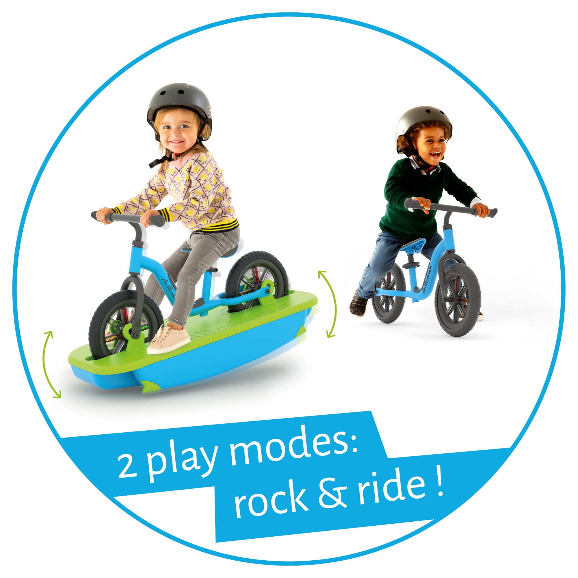 Chillafish Buzzi & Rocki, 2-in-1 Ride-On Toy, Rocker Base + 10" No-Pedal Balance Bike, Stable Learn-to-Balance Set, Ages 1,5-4 Years, Blue-Green