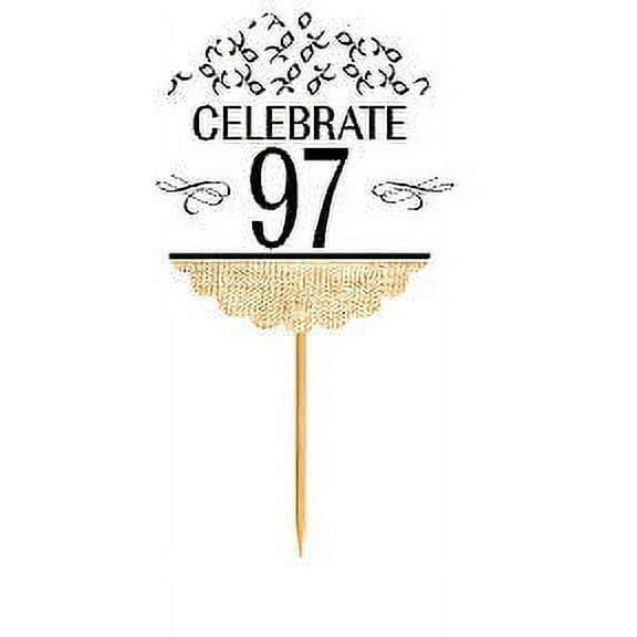97th Birthday / Anniversary Novelty Burlap Cupcake Decoration Picks -12pack