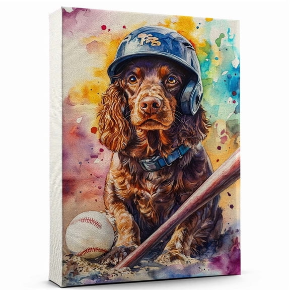 Sussex Spaniel Dog Stretched Canvas Size 8x12 – Baseball Theme Dog Art for Wall, Sussex Spaniel Dog Playing Baseball Wall Art, Dog Lover Canvas Decor