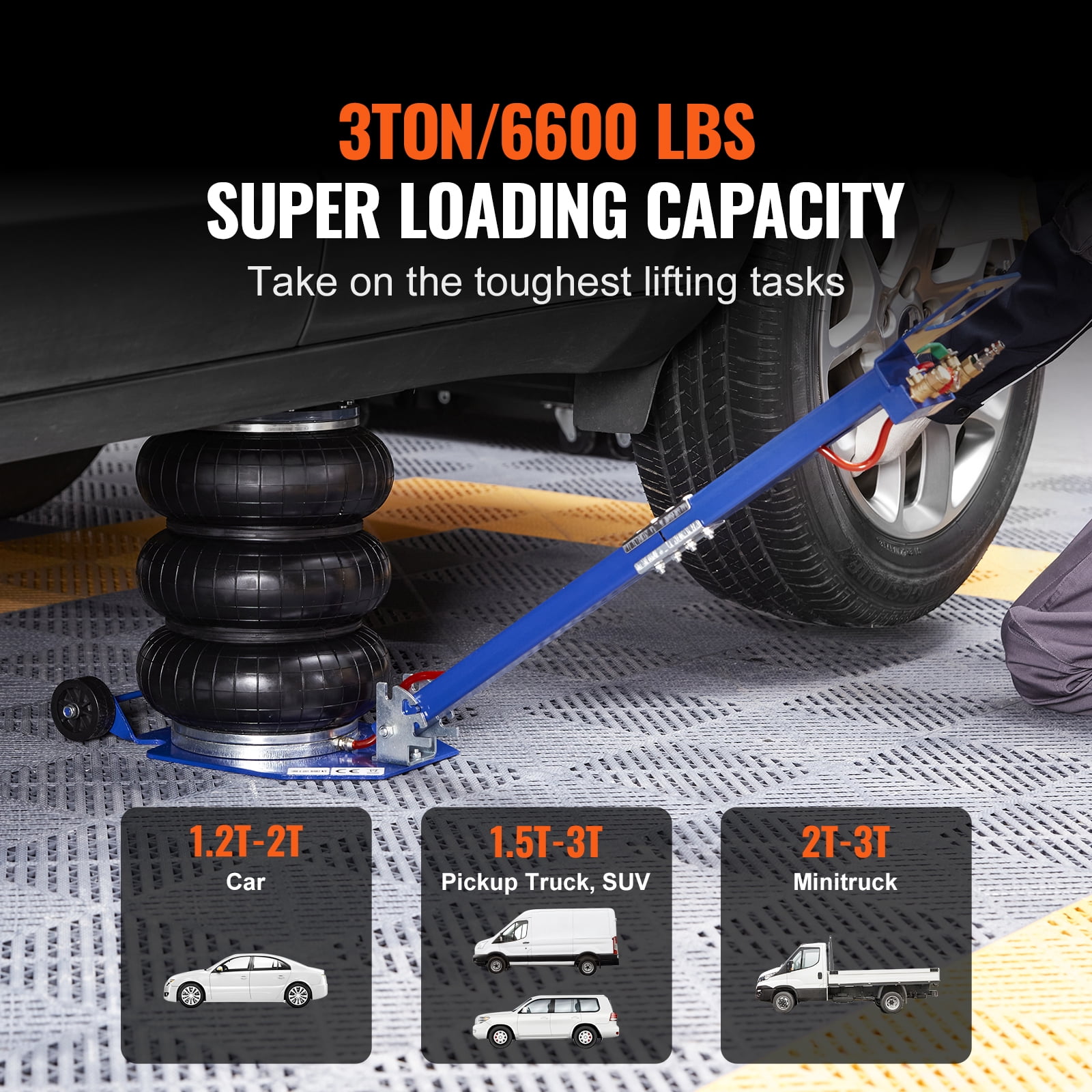 VEVOR Air Jack, 3 Ton/6600 lbs Triple Bag Air Jack, Airbag Jack with Six Steel Pipes, Lift up to 17.7", 3-5 s Fast Lifting Pneumatic Jack, with Adjustable Long Handles for Cars, Garages, Repair