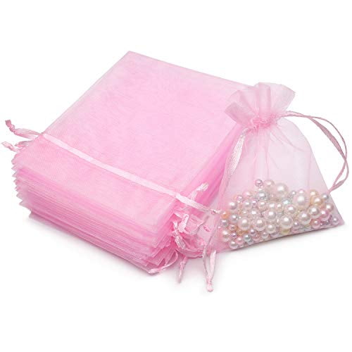 iminoo 50pcs Organza Drawstring Bags, Wedding Favor Bags with Drawstring Premium Jewelry Pouches Party Festival Gift Bags Candy Bags (Pink, 3.15x3.9 in)