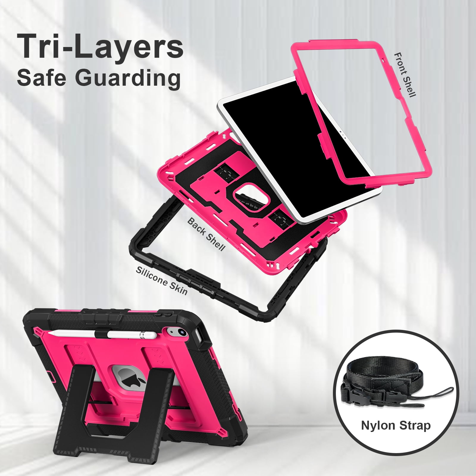 Allytechgroup Rugged Case for Apple iPad 9th 8th 7th Generation 10.2 inch 2021/2020/2019, Heavy Duty Protective Tablet Case with Kickstand, Pencil Holder & Detachable Shoulder Strap, Black+Rose
