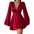 thumbnail image 2 of Women'S Deep V Neck Long Sleeve Mini Satin Silk Dress Elegant Flowy Wedding Guest Party Short Dresses Wine Red M, 2 of 9