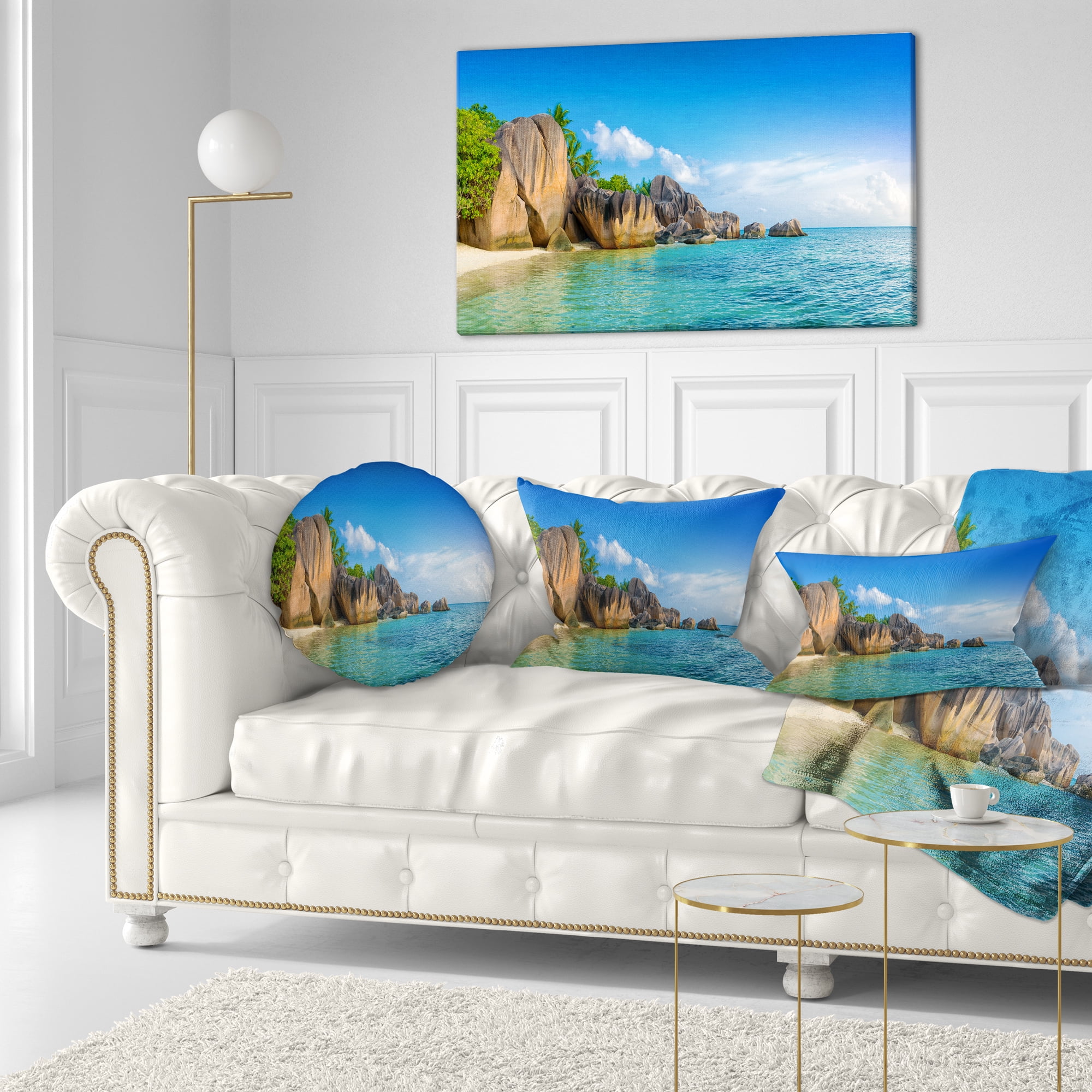 Designart Fantastic Seychelles Seashore - Seascape Throw Pillow - 12x20