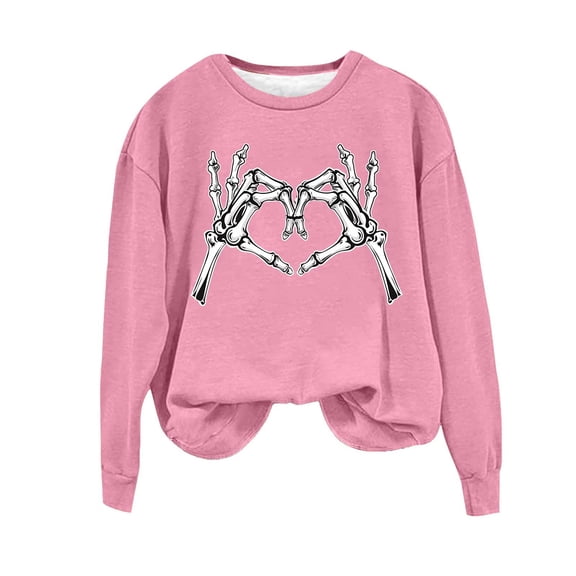 LYEAA Halloween Womens Sweatshirts Long Sleeve Crew Neck Regular Ribbed Cuff Casual Wear Skull Holiday Clothes Pink 2XL