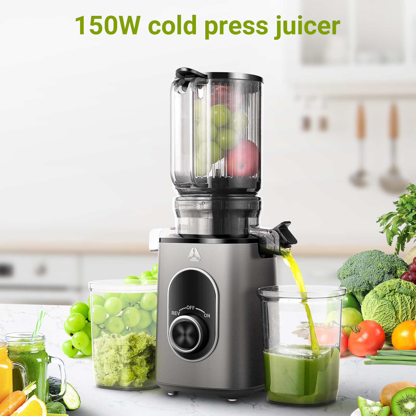Sunmaki Juicer Machine, Portable Cold Press Juicer with 4.3" Large Feed Chute for Fruits and Vegetables,Easy to Clean 100W, Grey