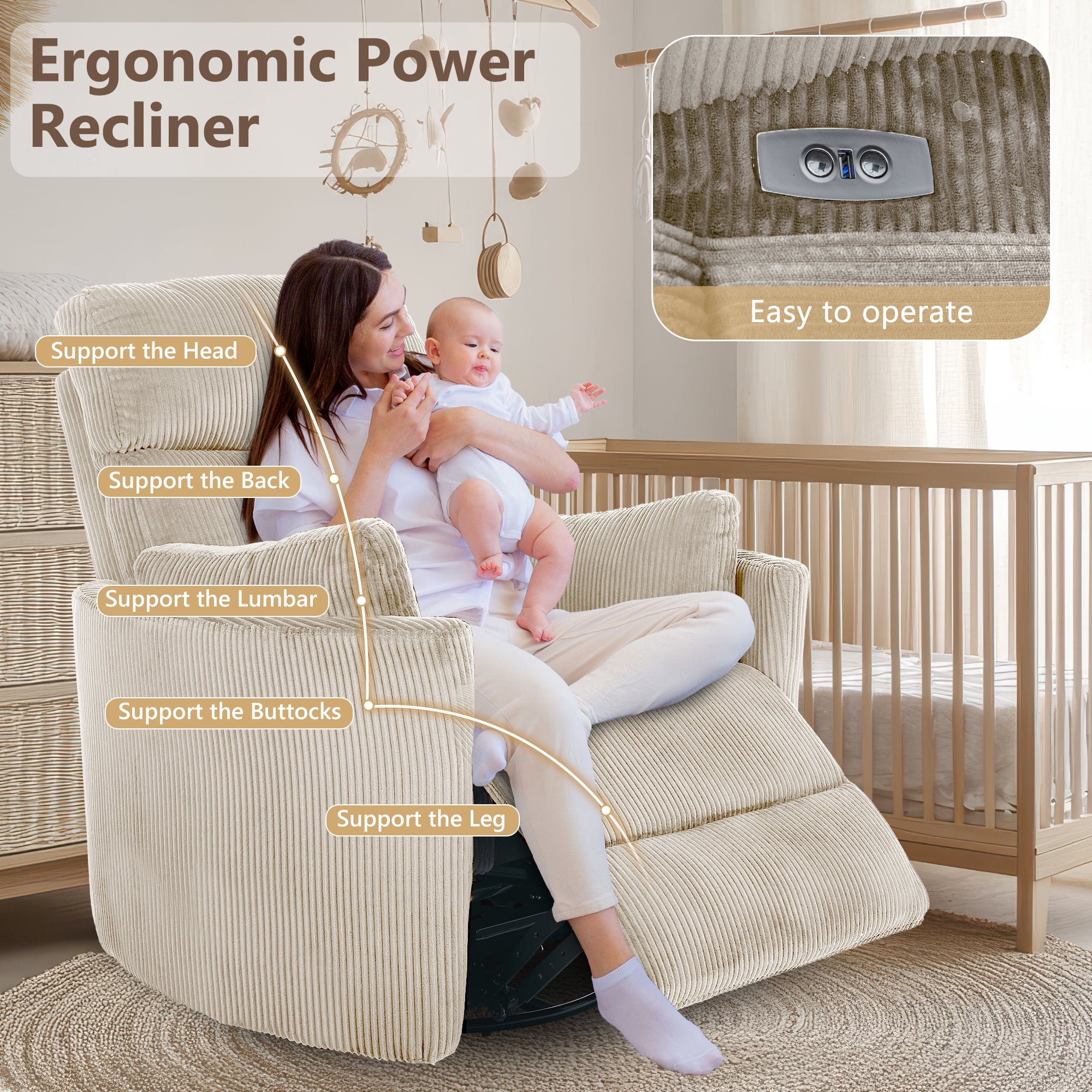 36.72'' Wide Swivel Rocker Glider Recliner with Adjustable Pillows and USB, Beige Corduroy Nursery Chair