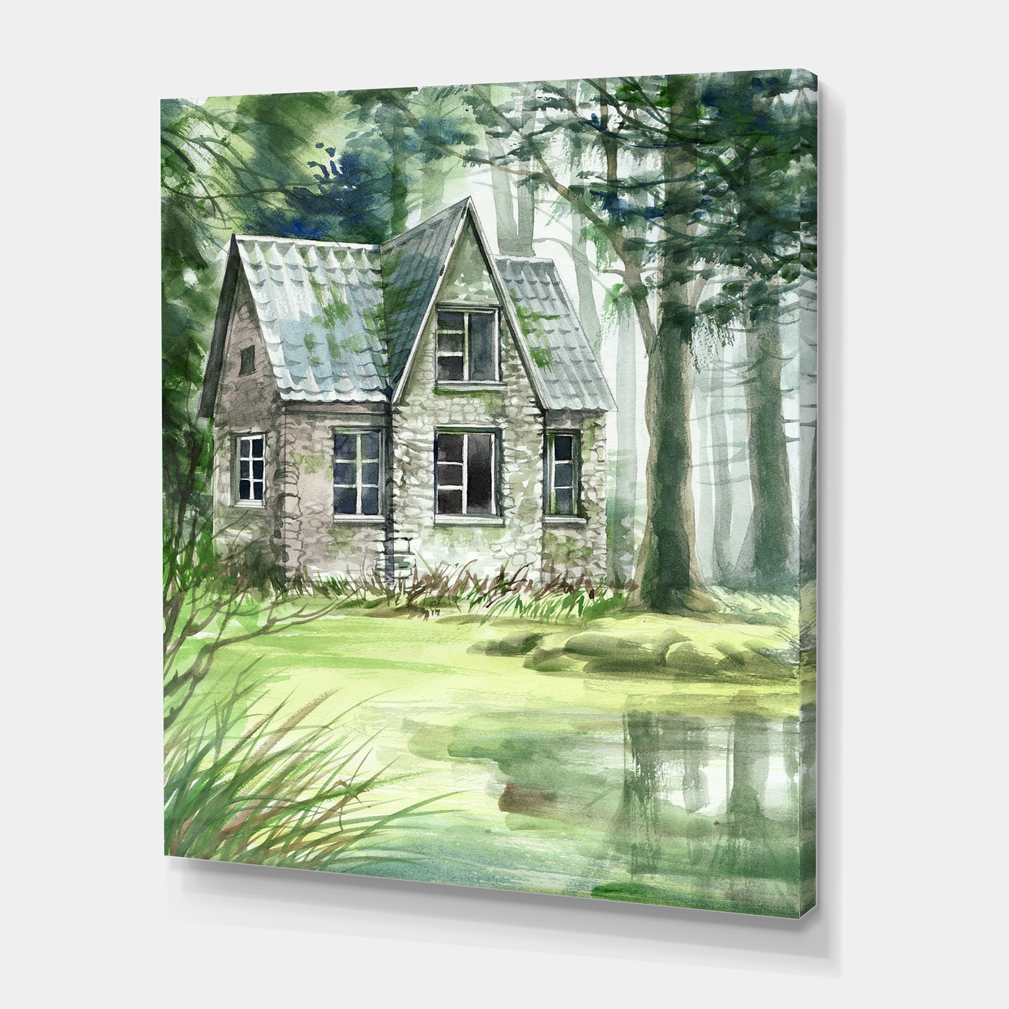 Designart ' Old Haunted House In The Pine Forest ' Lake House Canvas Wall Art Print